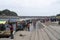 OMKARESHWAR, MADHYA PRADESH, INDIA, August 2018, Tourist and devotees wait to take boats at Ghats at Omkareshwar Temple