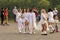 Omsk, Russia. 9 May, 2021. Preparation for flash mob on mass dance. A group of girls in white clothes rehearsed their dance