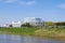 Omsk, Russia - May 09, 2012: Irtysh river promenade, view buildings of sports swimming school and pool