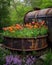 A once powerful tank has been taken over by a wild tangle of lilies and tulips their vibrant colors standing out