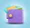 Ð¡oncept of accumulation of funds in the wallet with credit card and bills 3d render illustration on blue background