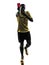 One african man referee standing showing red card silhouette