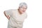 One Asian elderly woman express action of back pain and isolate on white background
