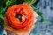 One beauty, spring orange, persian flower buttercup ranunculus macro. Rustic style, still life. Colorful holiday background.