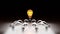 One being on light bulb in group of darkened lamp,  leader innovation concept, 3D rendering