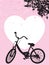 One bicycle parking under blooming flower tree, white heart on pink background