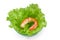 One big cooked peeled shrimp on lettuce leaves in glass bowl on