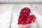 One big red heart on the background of wooden boards, Valentine`s day, the holiday of love