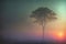 One big tall tree, sunrise in a foggy forest, sunlight through the haze, beautiful morning landscape. Generative AI