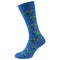 One blue sock with a pattern of many green dinosaurs wearing a santa claus hat, on a white background
