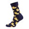 One blue volumetric sock, original design with yellow ducklings, on a white background