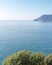 One boat on the ocean. Blue water with some cliffs in the background and greenery in foreground. Italy, Cinque Terre. Beautiful