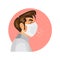 One boy wearing protective mask, suffering from cough. Cartoon isolated illustration on pink background. Illness disease symptoms