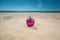 One bright pink Christmas ball lying in the sand on the beach, the sea.