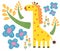 One bright safari cartoon giraffe with flowers on a white background.