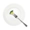 One broccoli floret with fork on white plate background