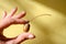 One brown autumn dry acorn with a twig in a female hand in the sunlight with shadows, on a yellow background