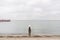 One caucasian man young caucasian woman tourist with a black backpack on a sandy beach near the Baltic sea in winter