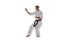 One caucasian sportsman training isolated over white background. Karate, judo, taekwondo sport