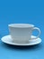 One coffee cup, white porcelain, on blue background