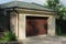 One concrete garage with closed brown gates under a green tiled roof