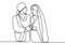 One continuous drawn line wedding drawn from the hand picture silhouette. Happy newly married couple holding hands. The characters