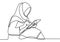 One continuous drawn line young muslimah girl sitting on the floor and using a digital tablet. Happy beautiful hijab girl playing