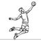 One continuous line depicts a young professional male volleyball player in action serving the ball on the court.