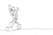 One continuous line drawing of astronaut standing on first place podium. Deep space galaxy. Spaceman healthy fitness sport concept