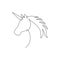 One continuous line drawing of beautiful cute unicorn head for company logo identity. Kids fantasy dream creature concept animal