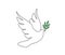 One continuous line drawing of flying dove with green olive twig. Bird and branch symbol of love peace and freedom in