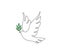 One continuous line drawing of flying dove with olive branch. Bird and twig symbol of love peace and freedom in simple