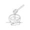 One continuous line drawing of fresh delicious sweet honey on wooden bowl with dipper drip. Natural organic food template concept