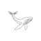 One continuous line drawing of giant whale for water aquatic park logo identity. Big ocean mammal animal mascot concept for