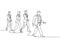 One continuous line drawing of group male and female urban commuters walking pass over on city street go to the office. Urban