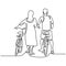 One continuous line drawing of happy young couple take a walk with bicycle. Loving male and female in bicycle romantically rides