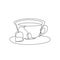 One continuous line drawing hot fresh glass cup of tea for tea shop logo emblem. Tea with teabag and drink coaster logotype