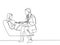 One continuous line drawing of male obstetrics and gynecology doctor checking young pregnant mom who laying in sofa. Pregnancy