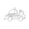 One continuous line drawing truck box car carrying tray cover cloche for food delivery service logo emblem. Cafe shop food