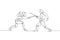 One continuous line drawing of two men fencing athlete practice fighting on professional sport arena. Fencing costume and holding