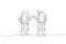 One continuous line drawing of two young happy astronauts giving fist bump gesture in moon surface, rear view. Space man deep