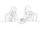 One continuous line drawing of two young happy business woman discussing project contract together during meeting. Business deal