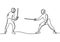 One continuous line drawing of two young men fencing athlete practice fighting action on sport arena. Competition and fighting