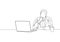 One continuous line drawing of young business manager sitting on his desk in front of laptop and thinking strategy to growth