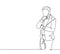 One continuous line drawing of young confused business man standing and focus thinking solution for his business failure. Think