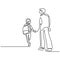 One continuous line drawing of young father takes his son to go to school. Happy little boy walking with his dad to school. Loving