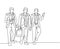 One continuous line drawing of young happy male sales managers walking together and discussing new selling strategy. Urban