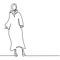 One continuous line drawing of young happy pretty muslimah on headscarf standing pose. Young women model in trendy hijab fashion