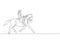 One continuous line drawing of young horse rider woman in action. Equine run training at racing track. Equestrian sport