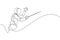 One continuous line drawing of young man fencing athlete practice fighting on professional sport arena. Fencing costume and